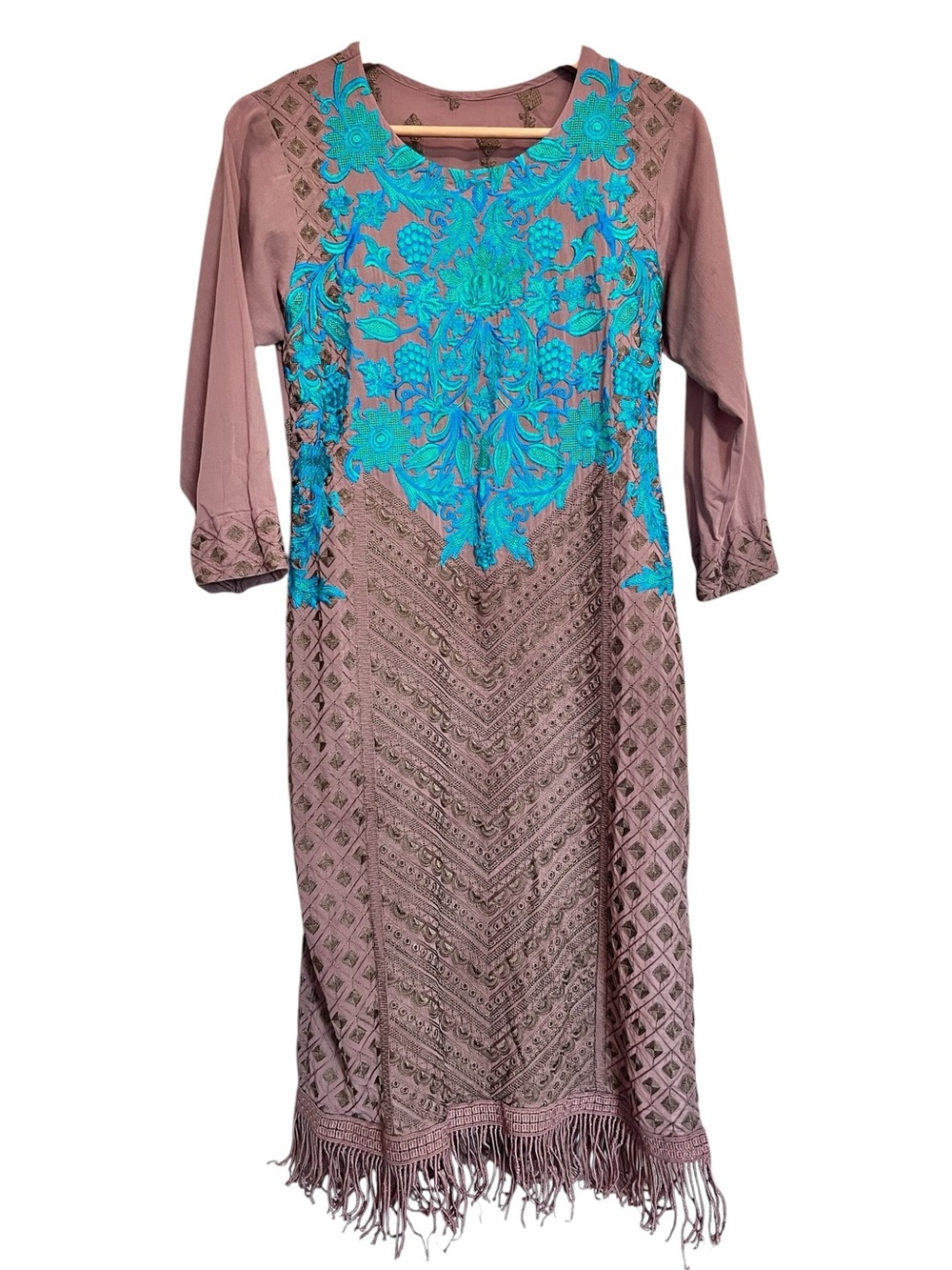 Handmade Indian Kurta Brown and Turquoise Green Embroidered - Picture 2 of 13